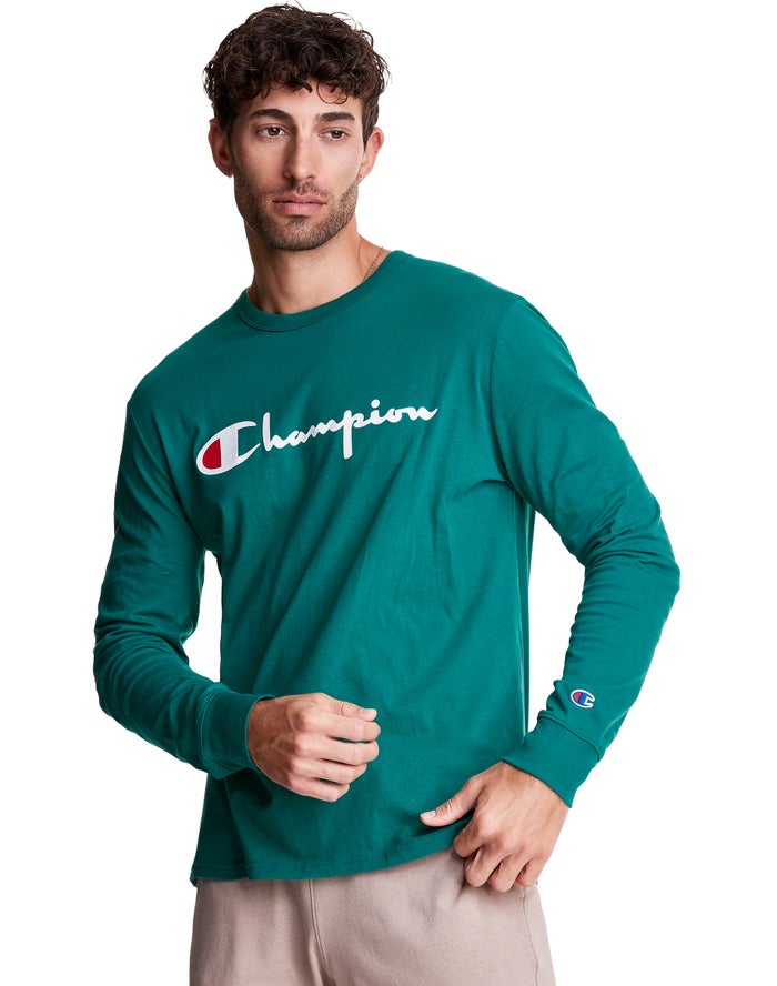 Champion Herre T-Shirts Turkis - Long-Sleeve Lightweight Script Logo - Danmark LQA-190678